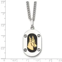 Stainless steel dog tag pendant with gold horse head on black center, four screws on white border, hanging from curb chain, shown against measurement scale.