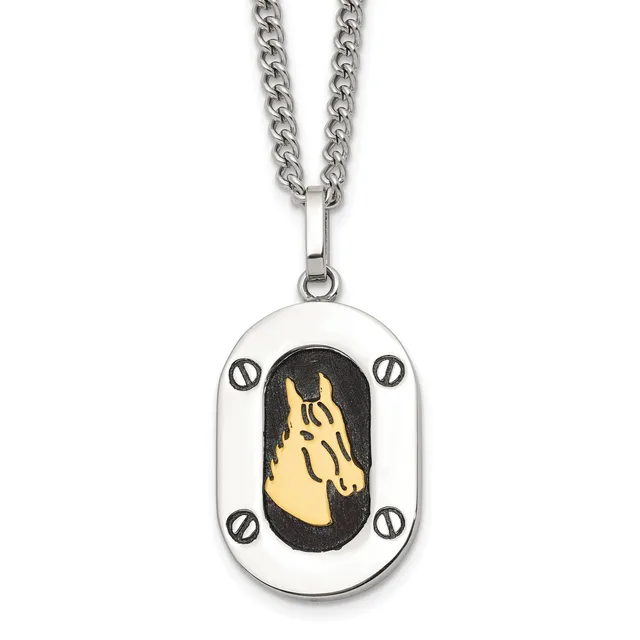 Silver-toned pendant necklace featuring an oval charm with a gold horse head on black background, surrounded by four small circular details, hanging from a curb chain.