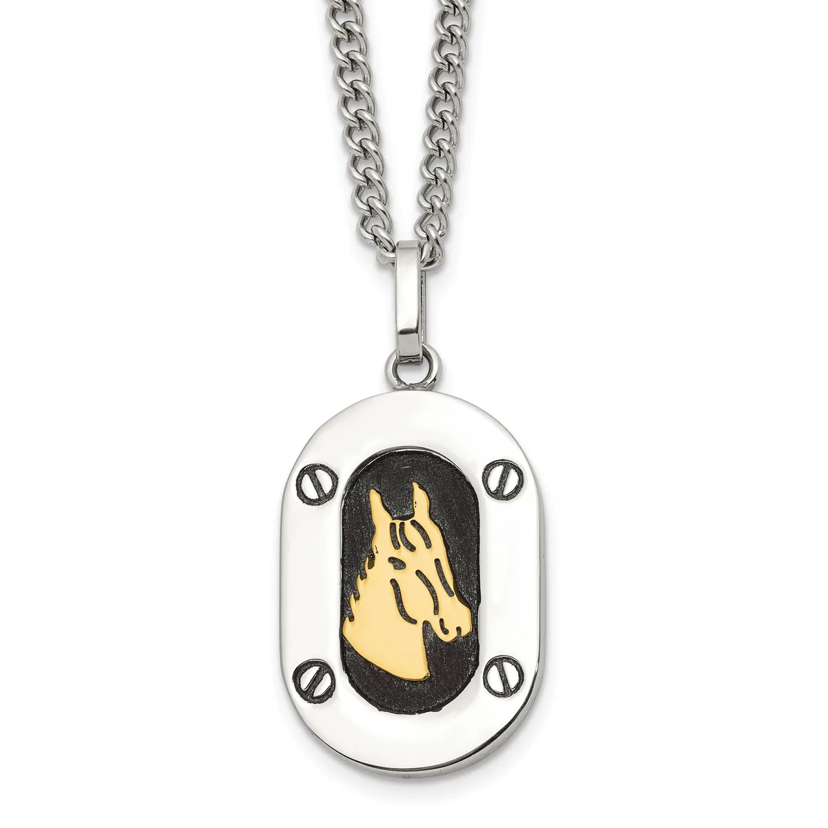Silver-toned pendant necklace featuring an oval charm with a gold horse head on black background, surrounded by four small circular details, hanging from a curb chain.