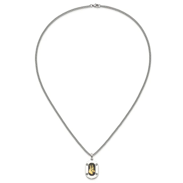 Silver chain necklace with a small oval pendant featuring a gold leaf design and small gemstone accents.