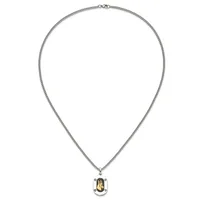 Silver chain necklace with a small oval pendant featuring a gold leaf design and small gemstone accents.