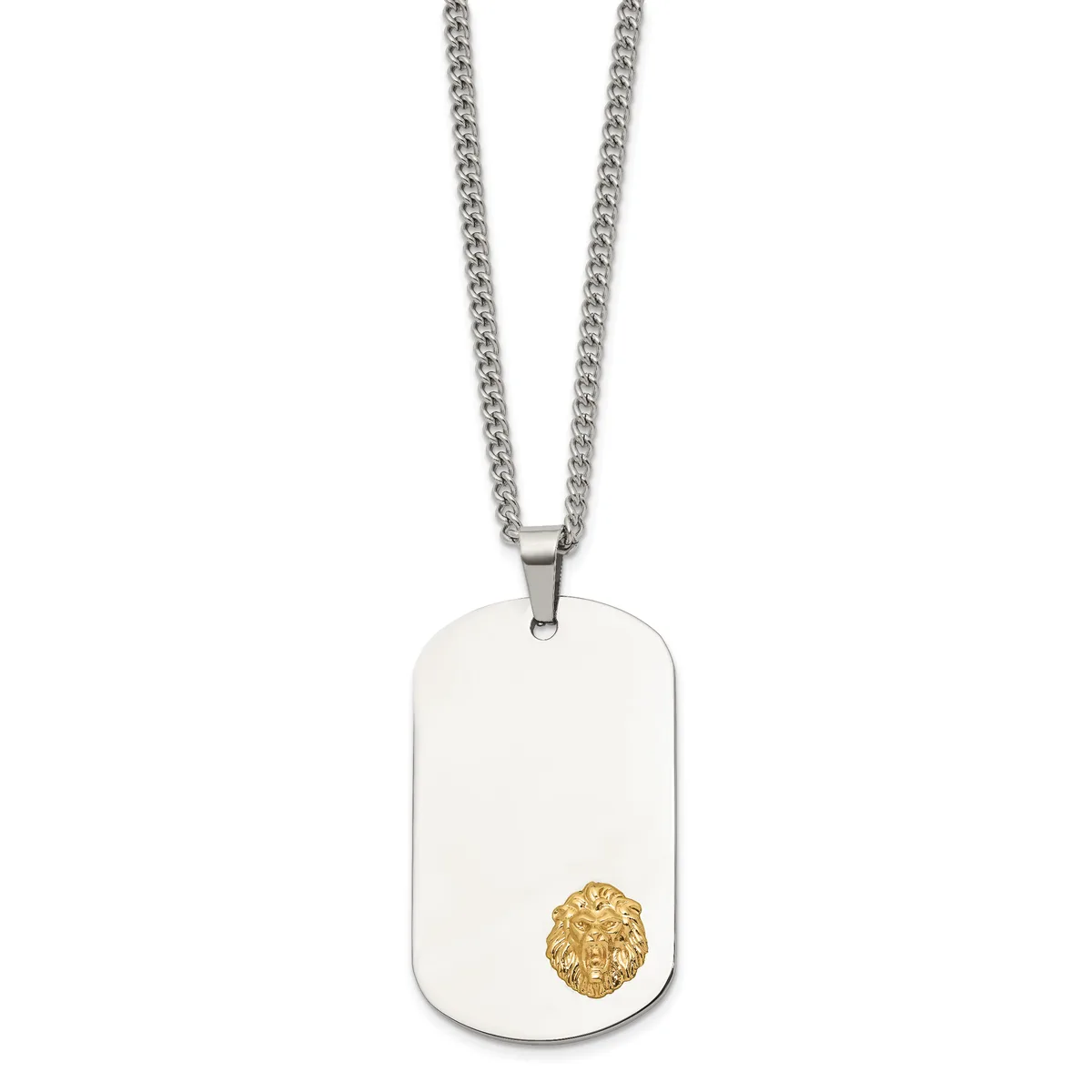 Silver dog tag pendant with gold lion head detail, suspended from a silver curb chain.