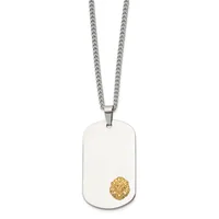 Silver dog tag pendant with gold lion head detail, suspended from a silver curb chain.