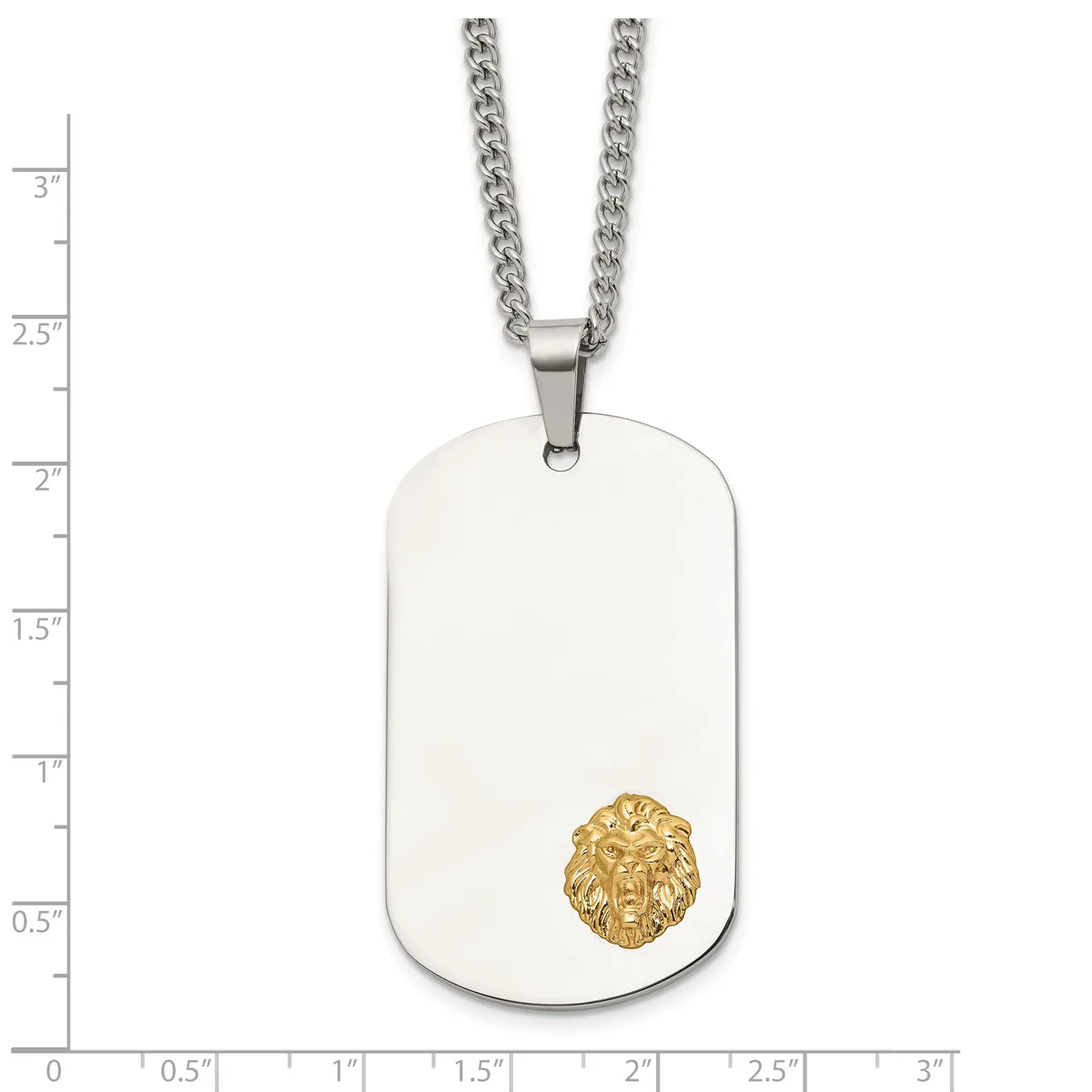 Stainless steel dog tag pendant with a gold-toned lion head emblem, suspended from a curb chain, shown against a measurement scale.