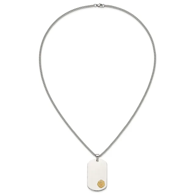 Silver chain necklace with a rectangular white pendant featuring a small gold circular accent.