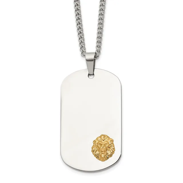 Stainless steel dog tag pendant with a gold-toned lion head emblem, suspended from a stainless steel curb chain.