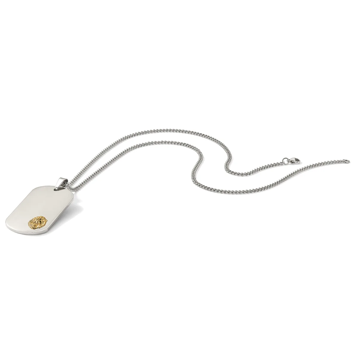 A silver chain necklace with a rectangular white pendant featuring a small gold circular detail.