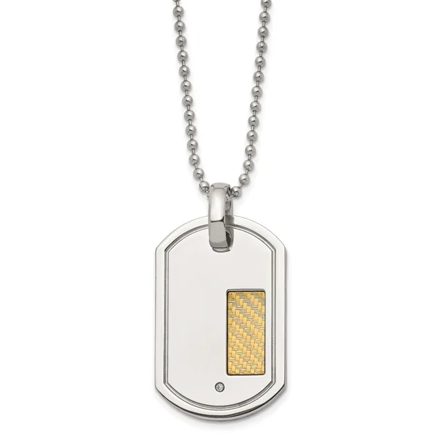 Silver dog tag pendant with a gold-toned textured rectangular inlay on a silver ball chain.