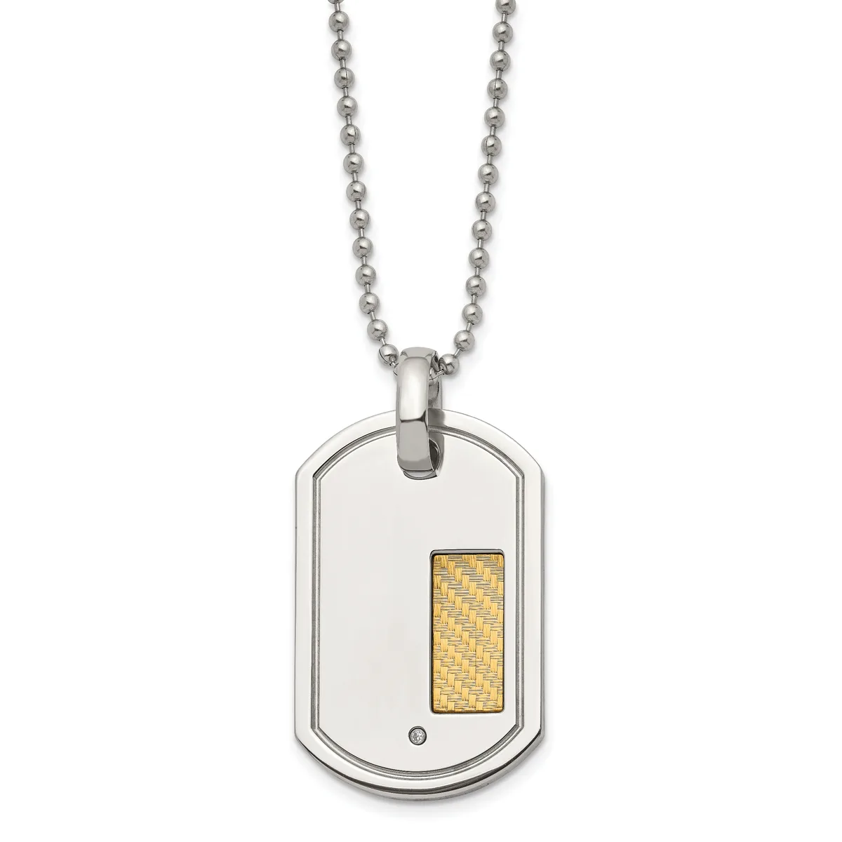 Silver dog tag pendant with a gold-toned textured rectangular inlay on a silver ball chain.