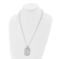 Silver-toned stainless steel dog tag pendant necklace displayed on a white mannequin bust, featuring a rectangular tag with diagonal line detailing and a fine chain.
