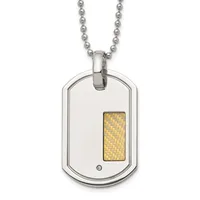 Stainless steel dog tag pendant with gold-toned textured rectangular inlay and small diamond accent, suspended from a ball chain.