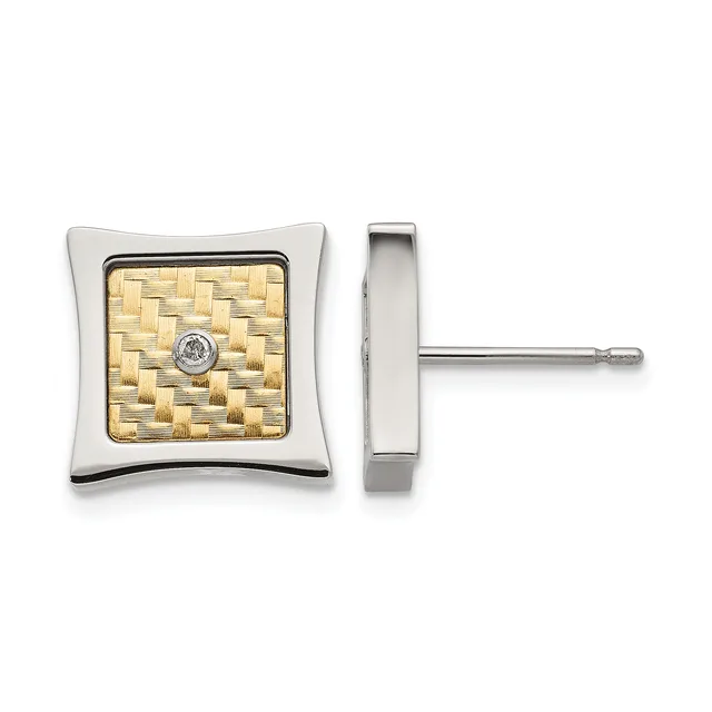 Pair of square stud earrings with curved silver frames, gold textured centers, and small diamond accents, shown from front and side views.