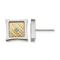 Pair of square stud earrings with curved silver frames, gold textured centers, and small diamond accents, shown from front and side views.