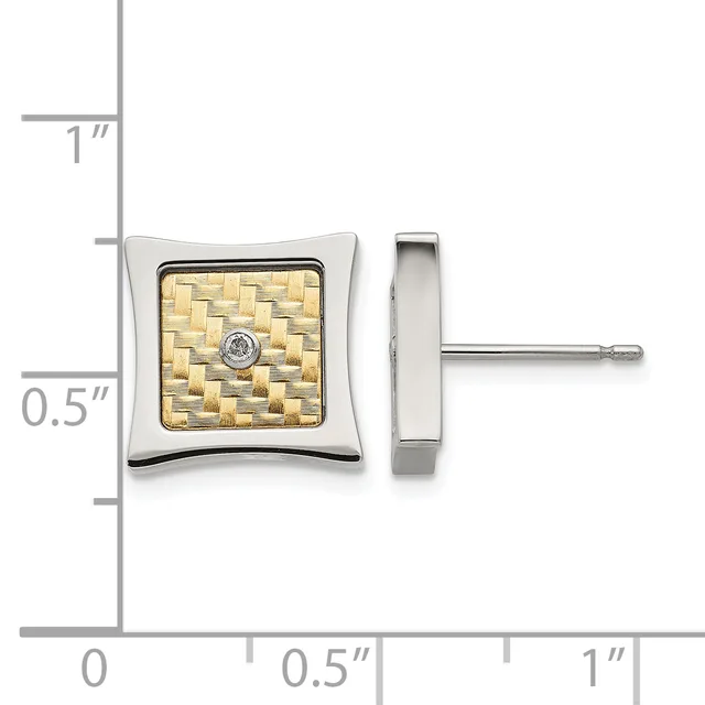Square stud earrings with two-tone metal featuring a textured gold basketweave pattern and center diamond, shown with measurement scale.