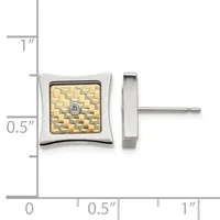 Square stud earrings with two-tone metal featuring a textured gold basketweave pattern and center diamond, shown with measurement scale.