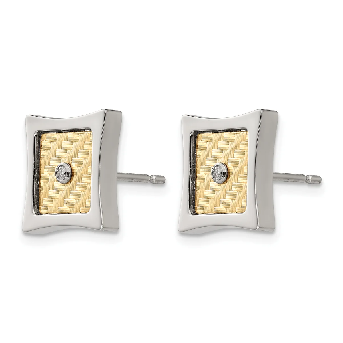 Pair of two-tone rectangular stud earrings with polished silver frames, textured gold rectangular centers, and small round diamond accents.