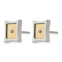Pair of two-tone rectangular stud earrings with polished silver frames, textured gold rectangular centers, and small round diamond accents.