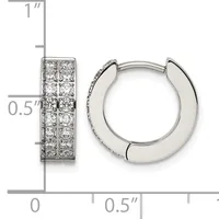Pair of silver hoop earrings with cubic zirconia stones set in two columns on the front surface, shown with a measurement scale indicating approximately one inch in height.