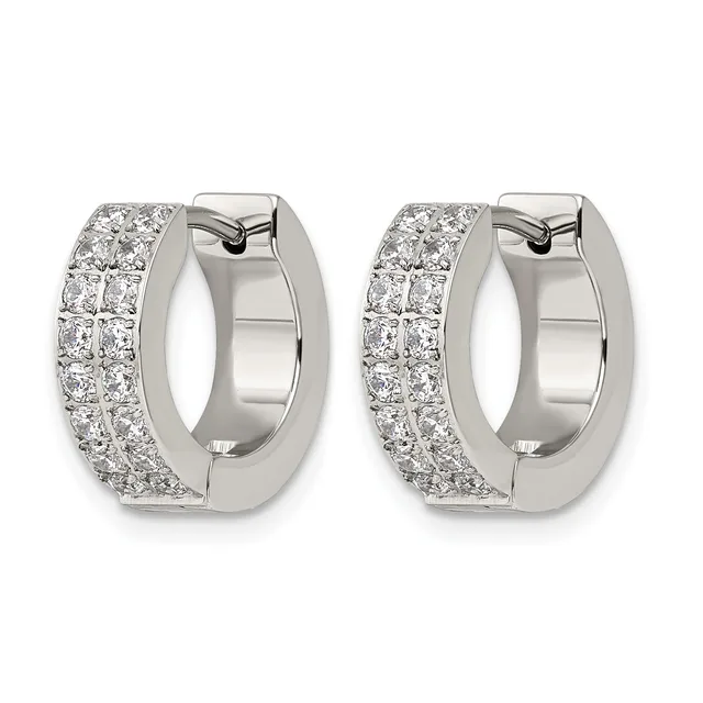 Pair of white gold hinged hoop earrings densely set with round diamonds in two rows, shown from the front.