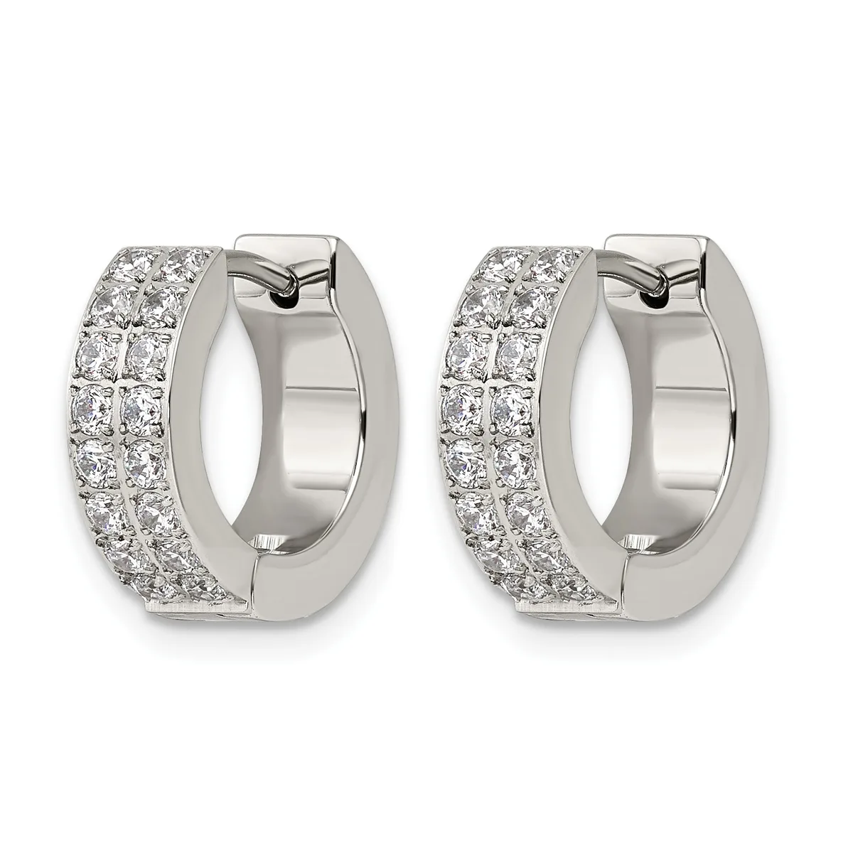 Pair of white gold hinged hoop earrings densely set with round diamonds in two rows, shown from the front.