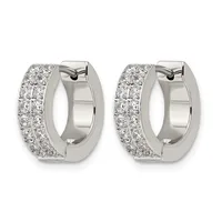 Pair of white gold hinged hoop earrings densely set with round diamonds in two rows, shown from the front.