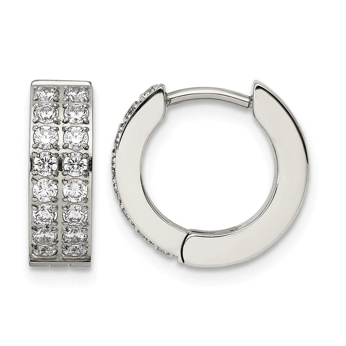 A pair of silver hoop earrings, one displaying round diamonds set in two columns and one showing a polished plain design with a small hallmark.