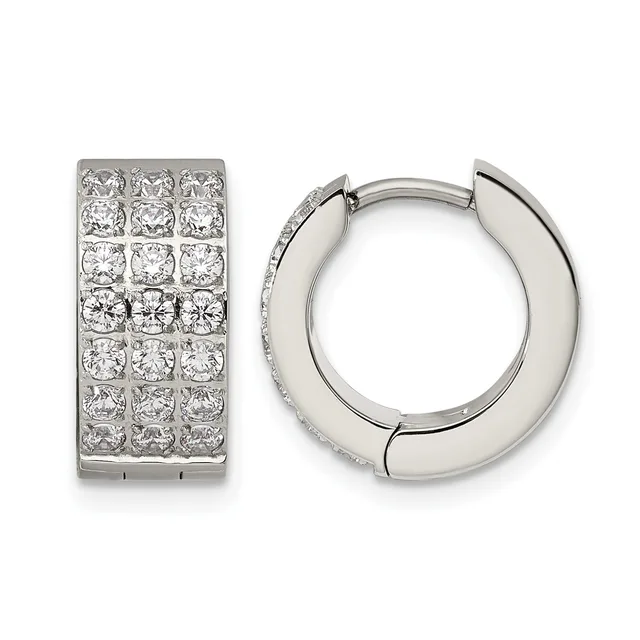 Two silver earrings displayed against a white background: a rectangular pair with multiple rows of square-set diamonds, and a pair of polished hoop earrings with diamond accents along one edge.