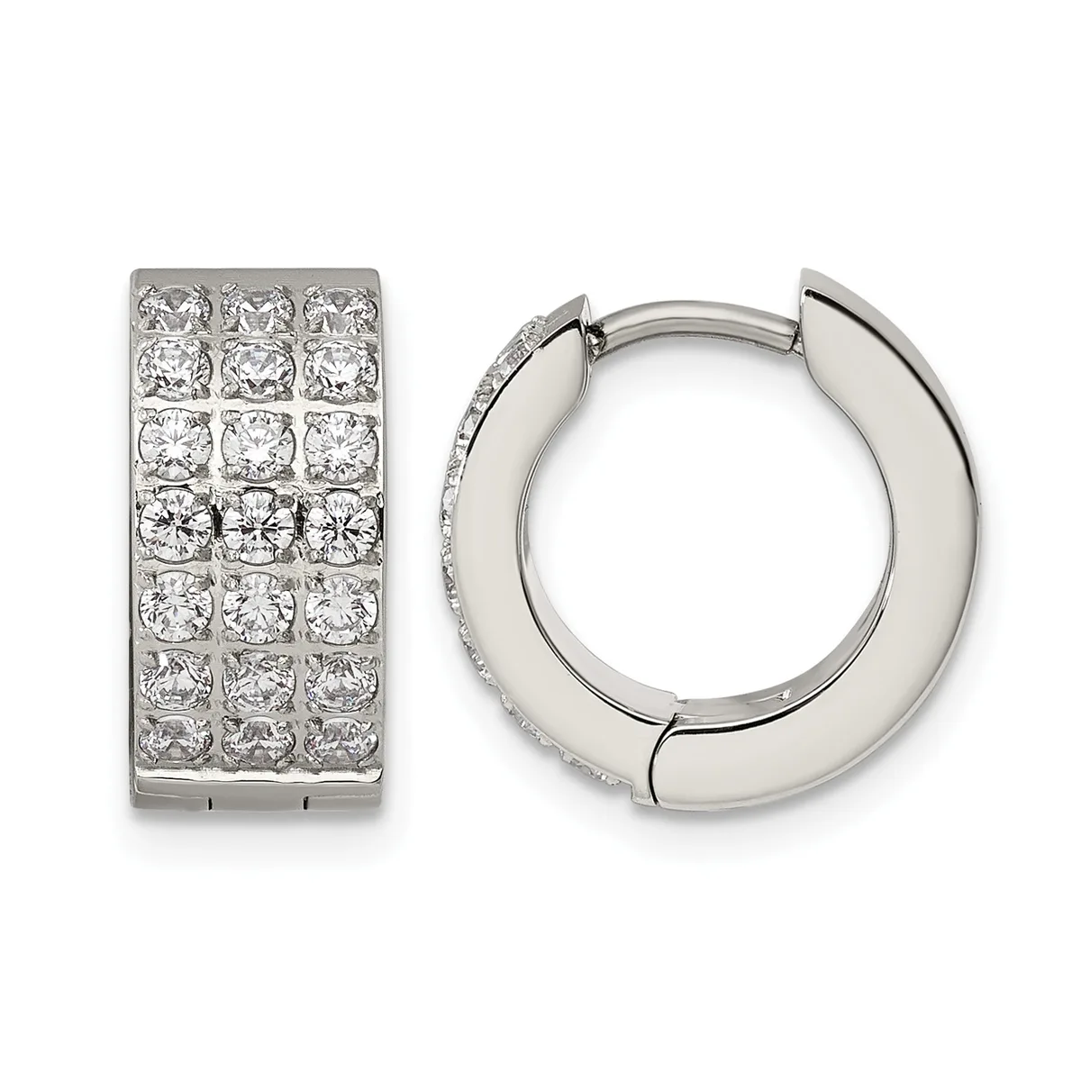 Two silver earrings displayed against a white background: a rectangular pair with multiple rows of square-set diamonds, and a pair of polished hoop earrings with diamond accents along one edge.