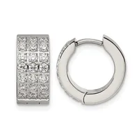 Two silver earrings displayed against a white background: a rectangular pair with multiple rows of square-set diamonds, and a pair of polished hoop earrings with diamond accents along one edge.