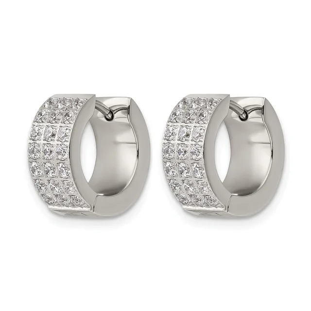 Pair of white metal hoop earrings with hinged backs, densely set with round diamonds across the outer surface.