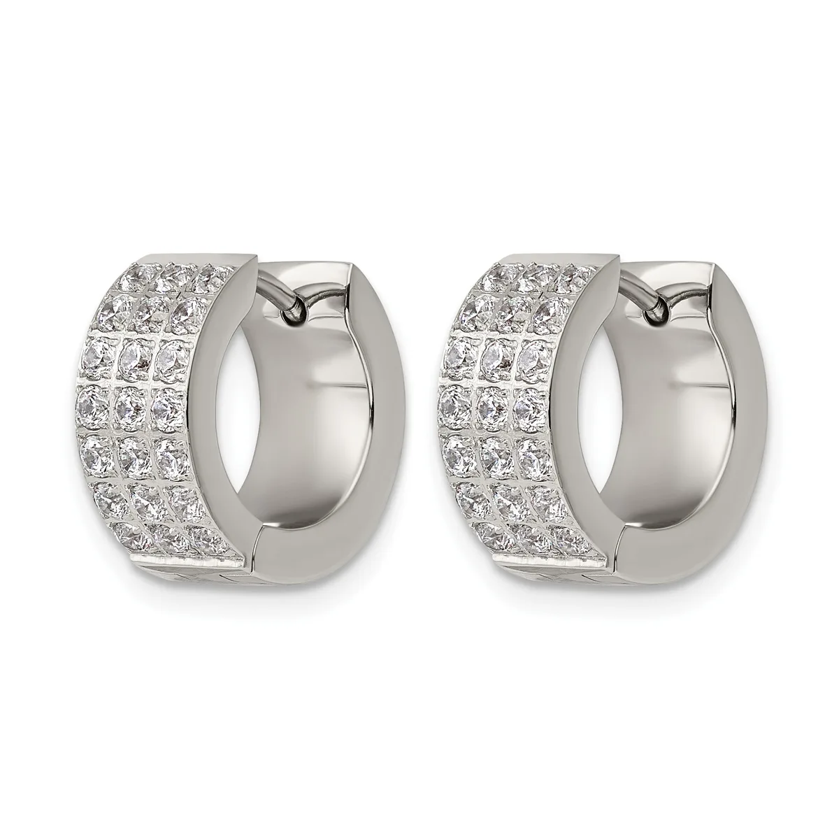Pair of white metal hoop earrings with hinged backs, densely set with round diamonds across the outer surface.