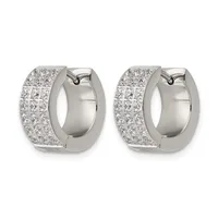 Pair of white metal hoop earrings with hinged backs, densely set with round diamonds across the outer surface.