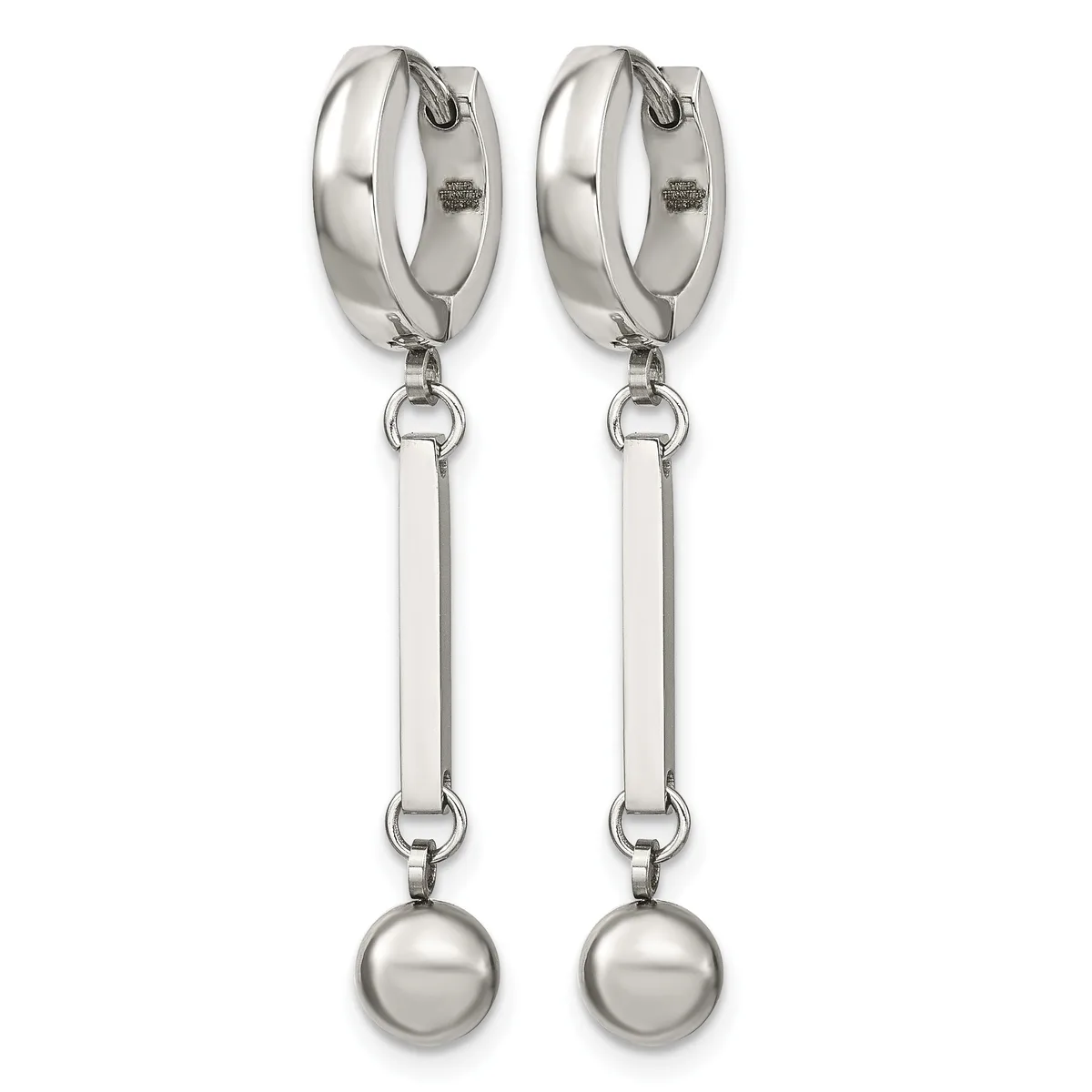 Pair of silver-toned drop earrings with polished chunky hoops at top, rectangular bar links, and spherical ball pendants at the bottom.