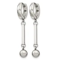 Pair of silver-toned drop earrings with polished chunky hoops at top, rectangular bar links, and spherical ball pendants at the bottom.