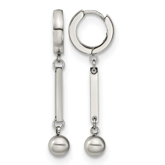 A pair of silver hoop earrings with rectangular bar drops topped by spherical balls, shown from the front and side view.