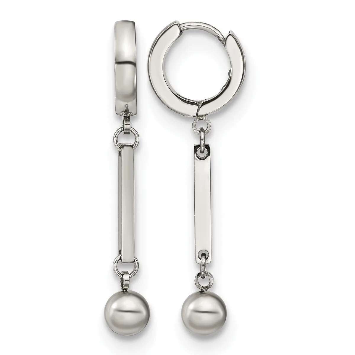 A pair of silver hoop earrings with rectangular bar drops topped by spherical balls, shown from the front and side view.