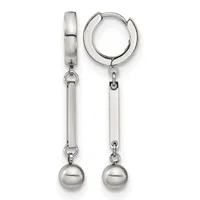 A pair of silver hoop earrings with rectangular bar drops topped by spherical balls, shown from the front and side view.