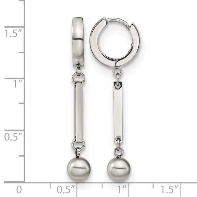 A pair of silver-toned dangle earrings with polished round ball drops suspended from rectangular bar connectors, shown against a measurement scale indicating approximately 1.5 inches in length.