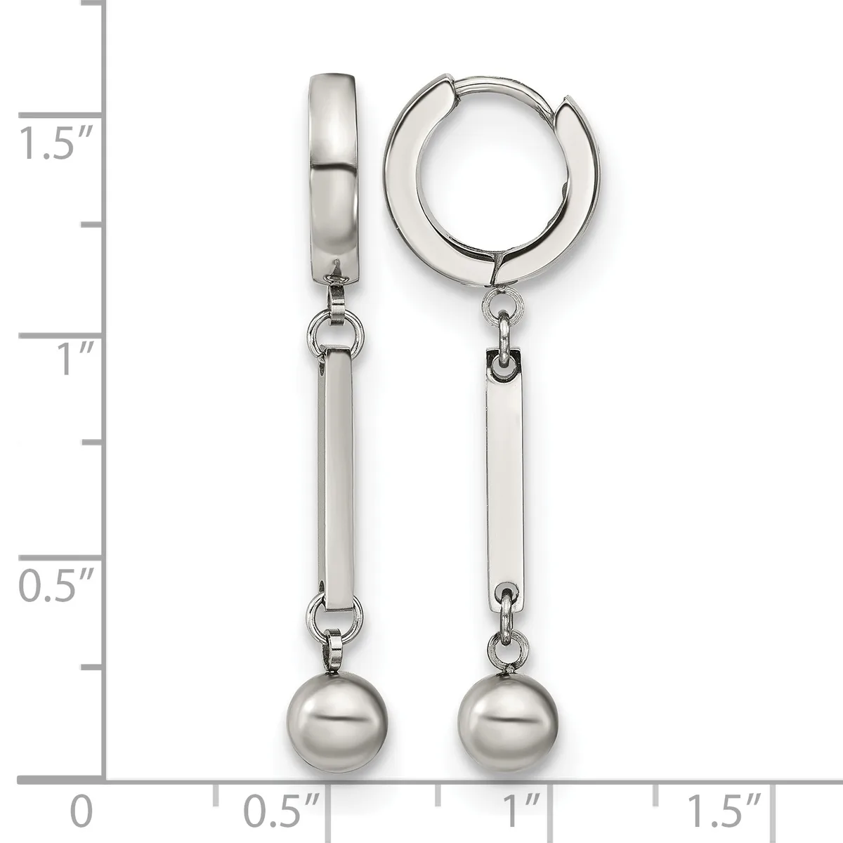 A pair of silver-toned dangle earrings with polished round ball drops suspended from rectangular bar connectors, shown against a measurement scale indicating approximately 1.5 inches in length.