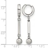 A pair of silver-toned dangle earrings with polished round ball drops suspended from rectangular bar connectors, shown against a measurement scale indicating approximately 1.5 inches in length.