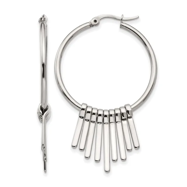 Pair of silver-toned hoop earrings with fringe-like rectangular dangles hanging from the bottom, shown from front and side views.