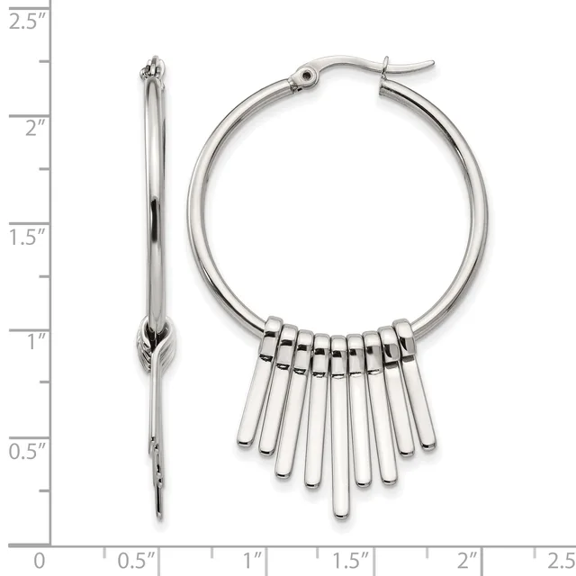 Silver-tone hoop earrings with dangling bar charms, shown from front and side view against a measurement scale.