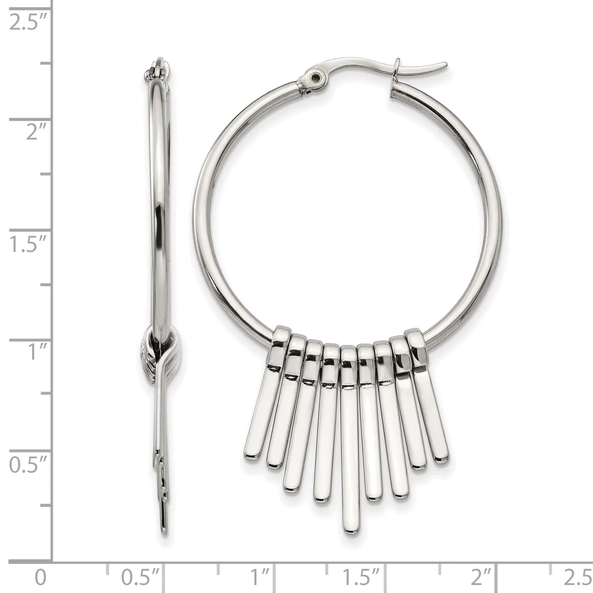 Silver-tone hoop earrings with dangling bar charms, shown from front and side view against a measurement scale.