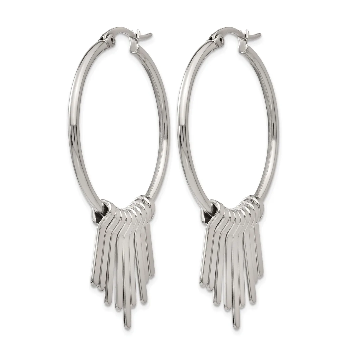 Pair of silver-toned hoop earrings with tassel fringe details hanging from the bottom, shown against a white background.