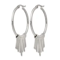 Pair of silver-toned hoop earrings with tassel fringe details hanging from the bottom, shown against a white background.