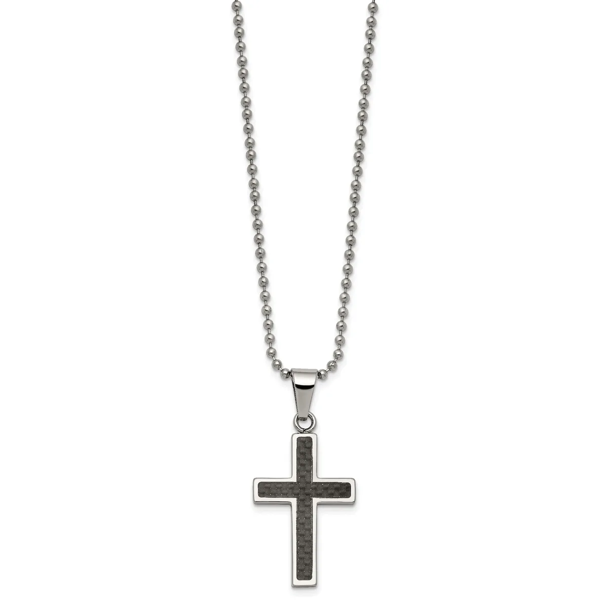 A silver-toned ball chain necklace with a rectangular cross pendant featuring a dark inlaid center strip.