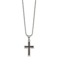 A silver-toned ball chain necklace with a rectangular cross pendant featuring a dark inlaid center strip.