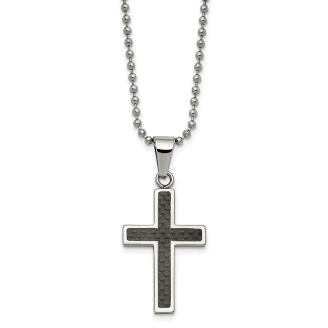 A stainless steel cross pendant with a dark carbon fiber center hangs from a matching ball chain necklace.
