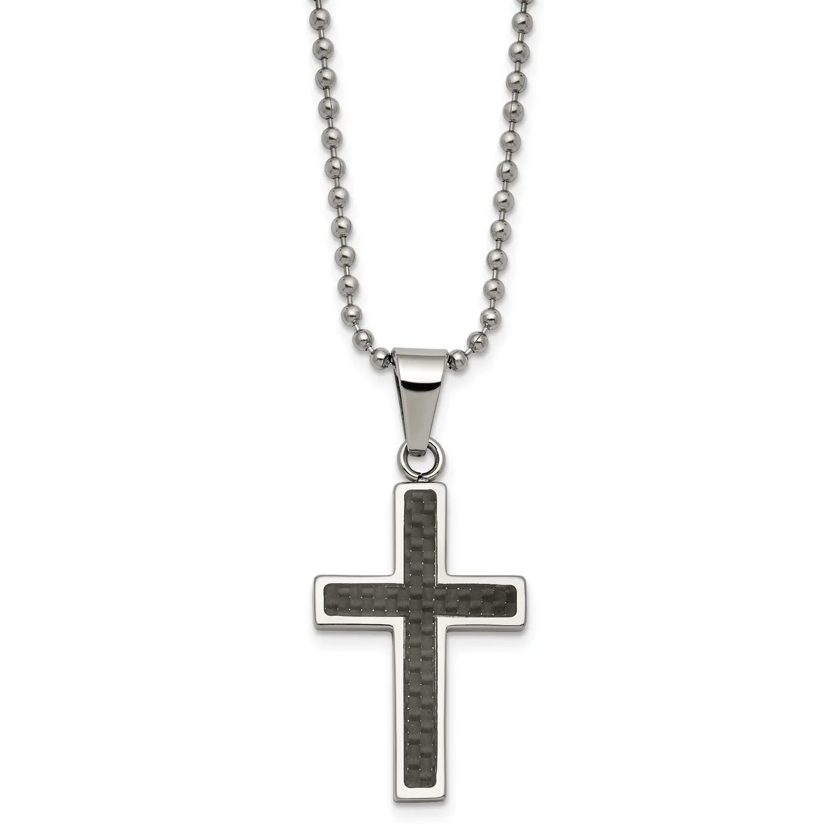 A stainless steel cross pendant with a dark carbon fiber center hangs from a matching ball chain necklace.