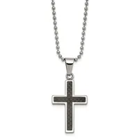 A stainless steel cross pendant with a dark carbon fiber center hangs from a matching ball chain necklace.